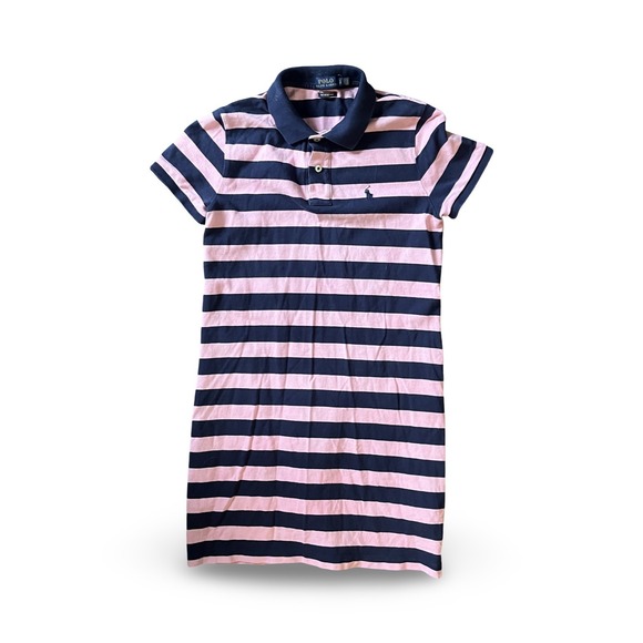 Polo Ralph Lauren Dresses & Skirts - Polo Ralph Lauren Navy Blue & Pink Cotton Striped Mesh Mini Dress Size Small P